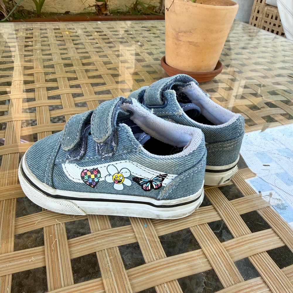 Kids Vans Denim Velcro Sneakers with Floral & Butterfly Accents